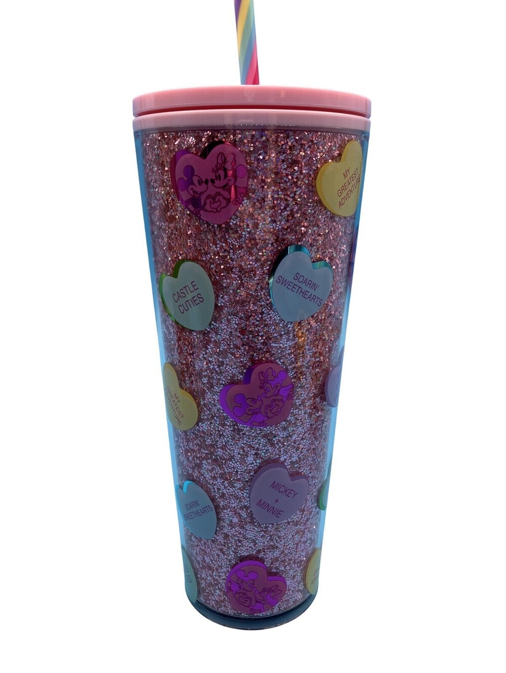 Starbucks Disney Mickey Minnie Pink Hearts Tumbler Glitter Straw Valentine